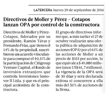 Directivos de Moller y Pérez-Cotapos lanzan OPA por control de la constructora