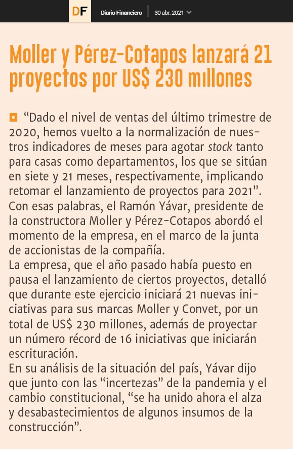 Moller y Pérez-Cotapos lanzará 21 proyectos por US$ 230 millones