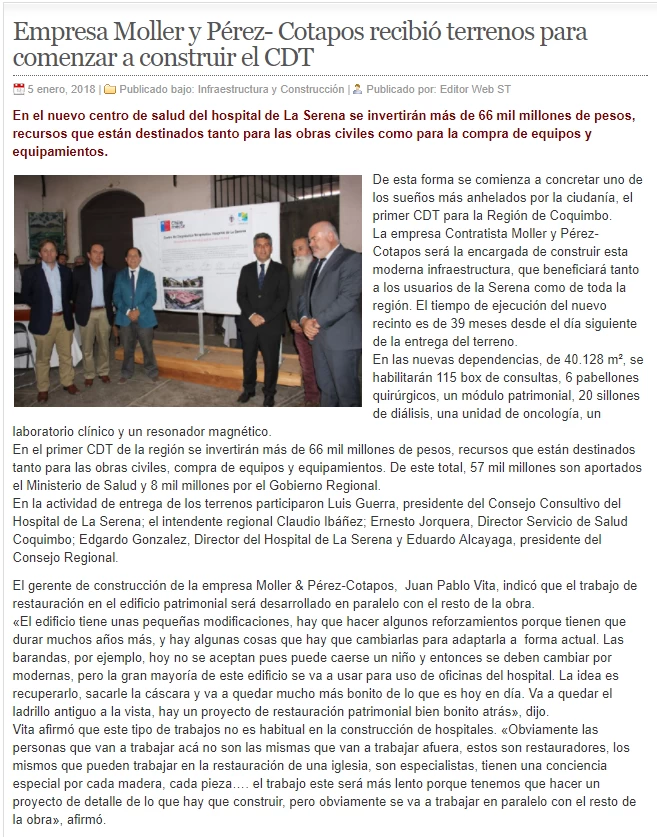 Empresa Moller y Pérez- Cotapos recibió terrenos para comenzar a construir el CDT