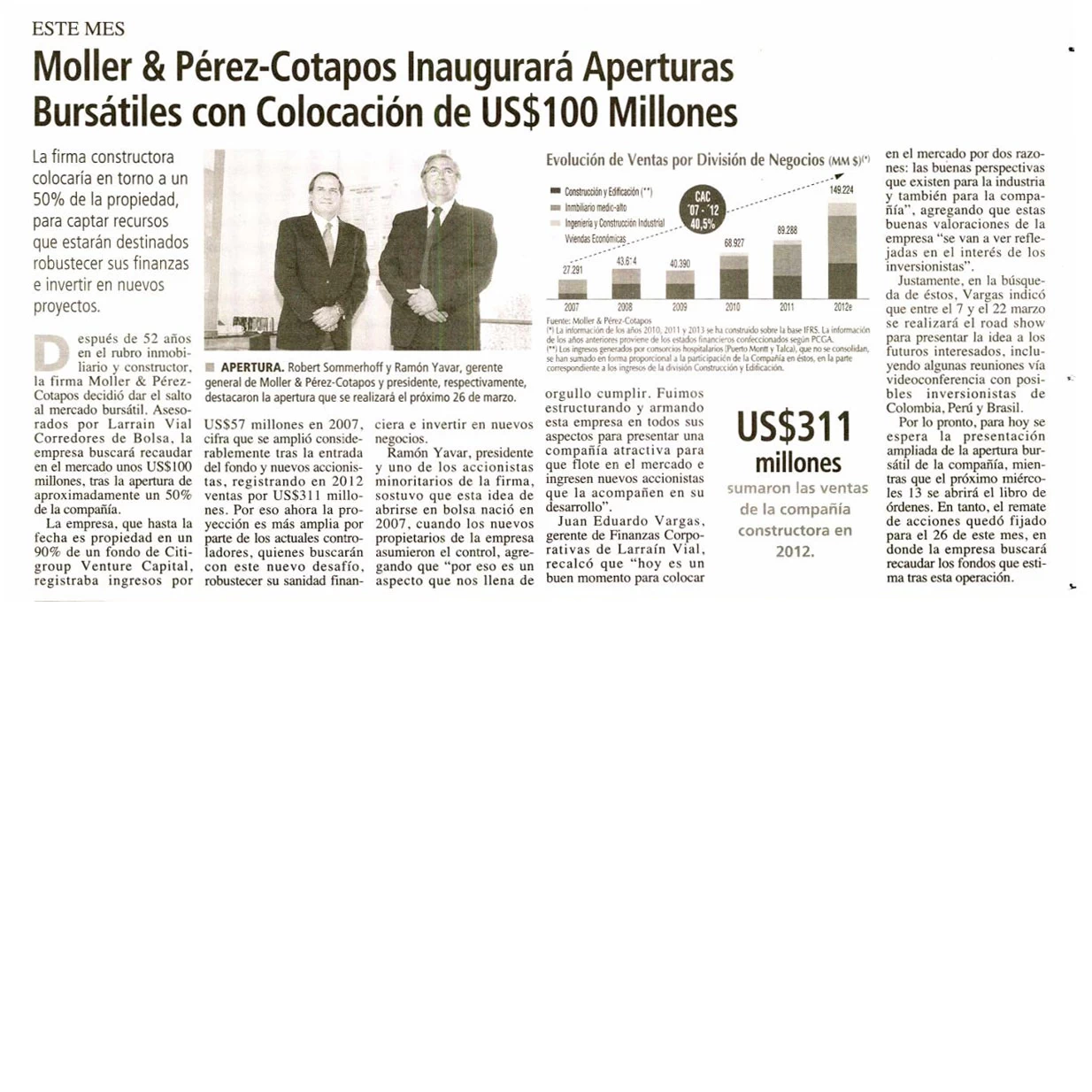 Moller y Pérez - Cotapos inaugurará aperturas bursátiles con colocación de US$100 millones