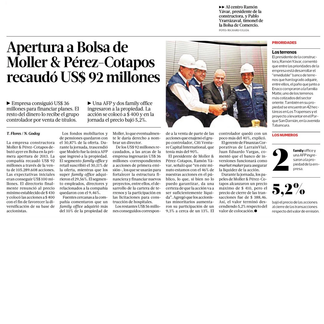 Apertura a la Bolsa de Moller & Pérez Cotapos. recaudó US$ 92 millones