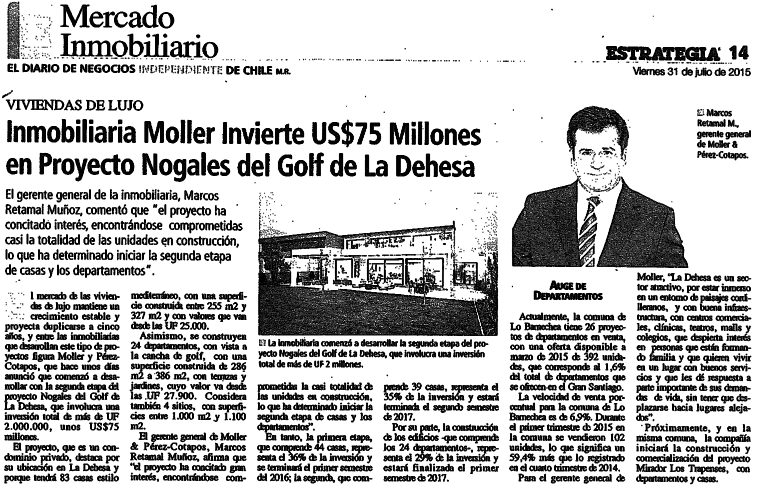 Inmobiliaria Moller Invierte US$75 millones en Proyecto Nogales del Golf de La Dehesa
