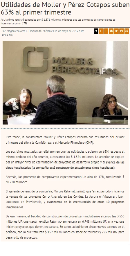 Utilidades de Moller y Pérez-Cotapos suben 63% al primer trimestre.