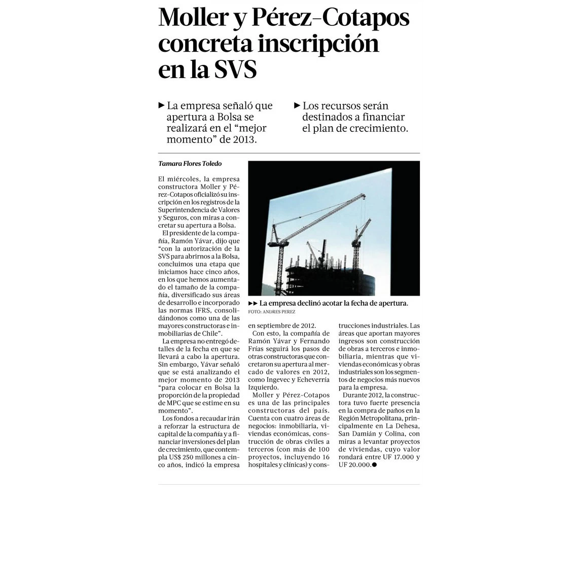 Moller y Pérez - Cotapos concreta inscripción en la SVS