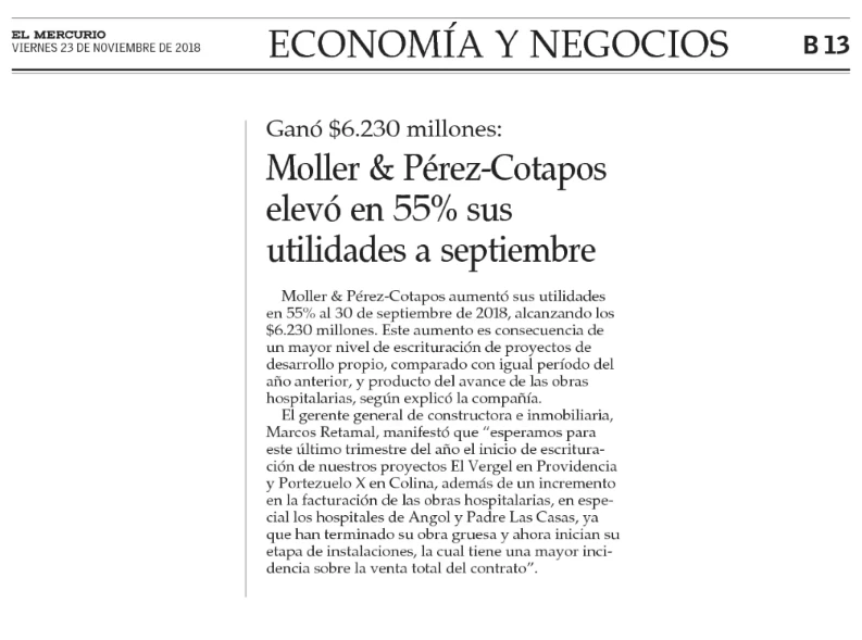 EyN: Moller & Pérez-Cotapos elevó en 55% sus utilidades a septiembre