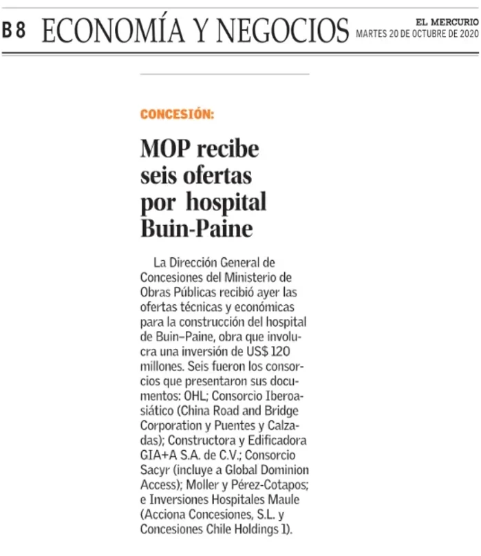 MOP recibe seis ofertas por hospital Buin-Paine