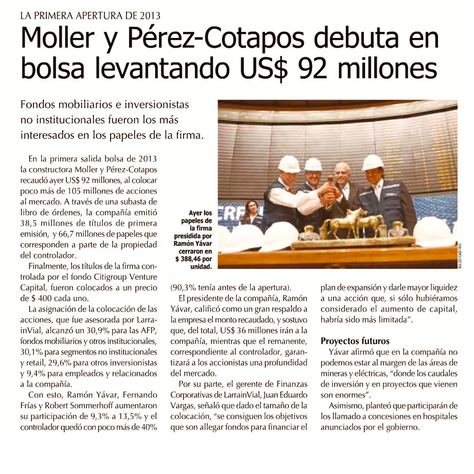 Moller y Pérez-Cotapos debuta en bolsa levantando US$ 92 millones