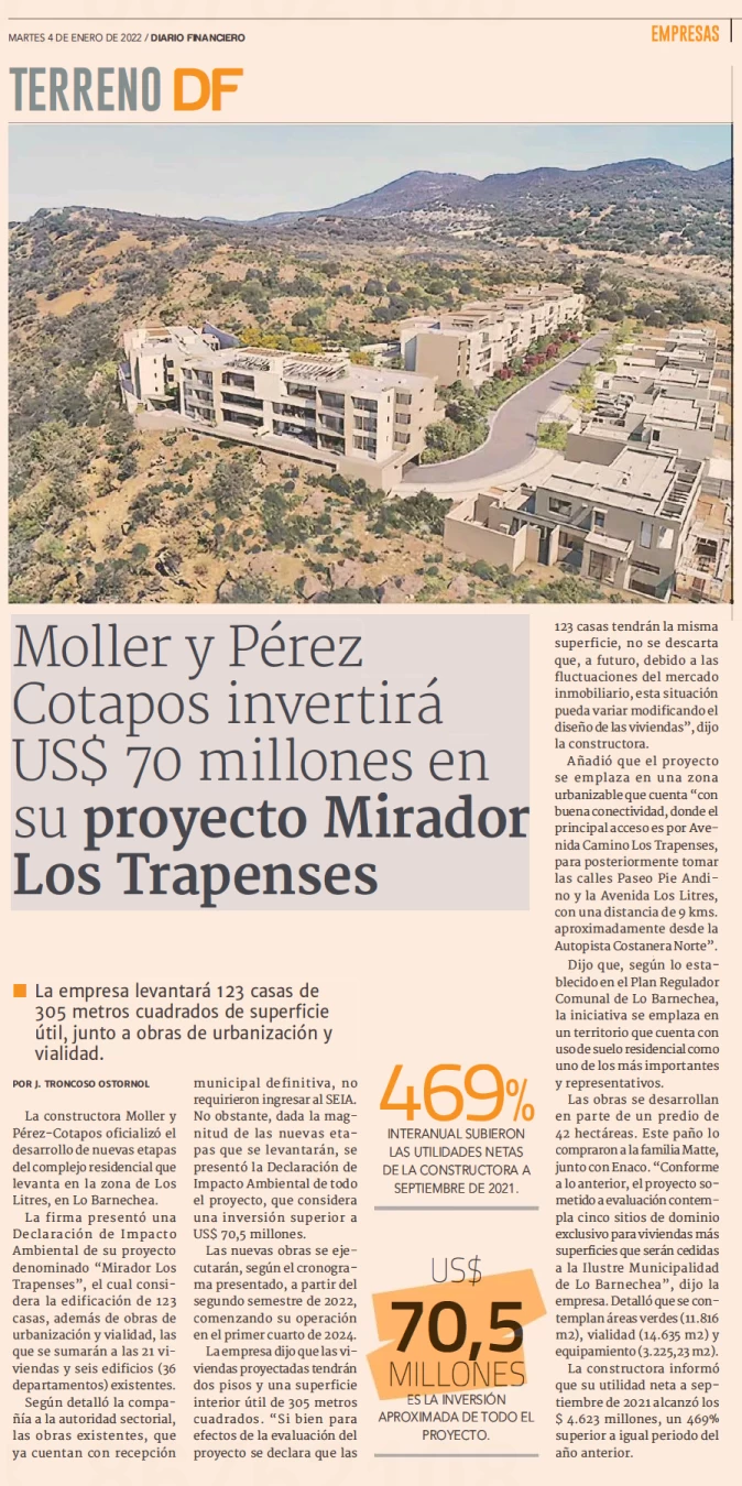 Moller y Pérez-Cotapos invertirá US$ 70 millones en su proyecto Mirador Los Trapenses