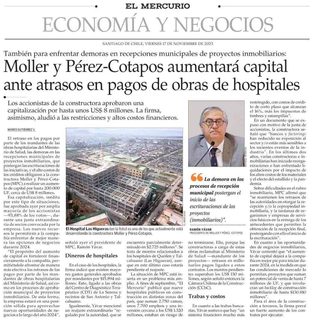 Moller y Pérez-Cotapos aumentará capital ante atrasos en pagos de obras de hospitales