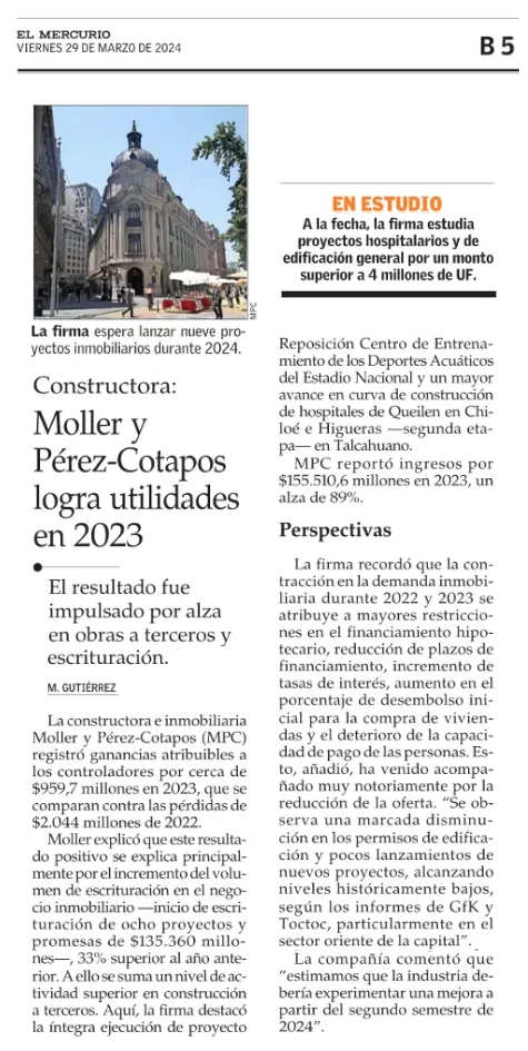 Moller y Pérez-Cotapos logra utilidades en 2023