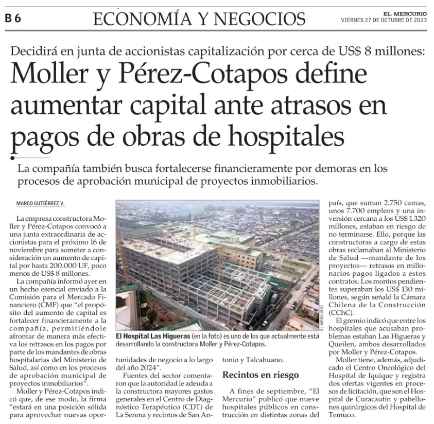 Moller y Pérez-Cotapos define aumentar capital ante atrasos en pagos de obras de hospitales
