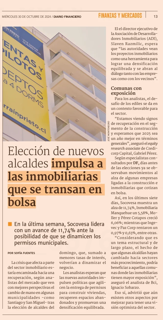 Elección de nuevos alcaldes impulsa a las inmobiliarias que se transan en bolsa